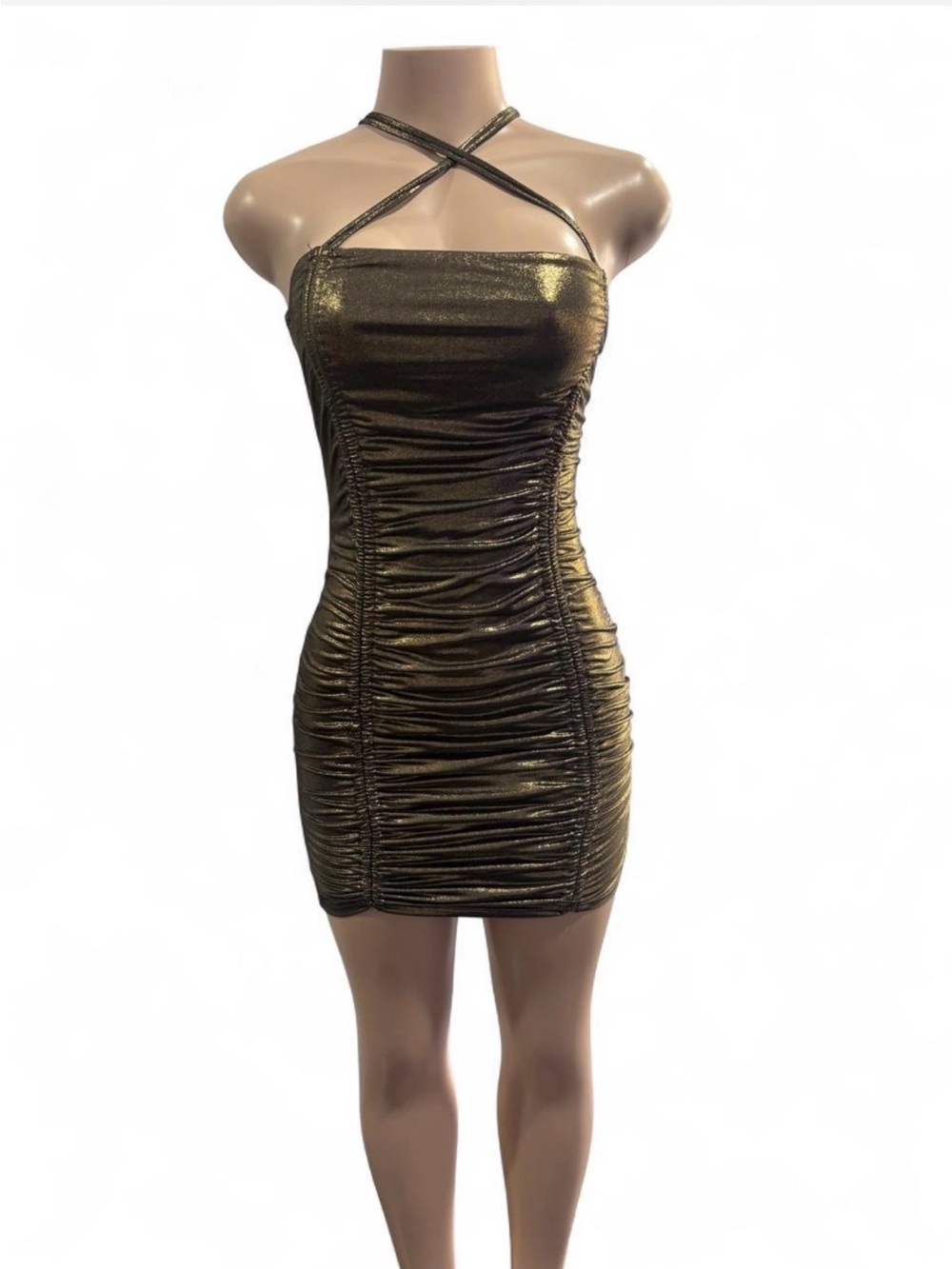Windsor Metallic Gold Ruched Mini Dress with Cross-Strap Neckline
